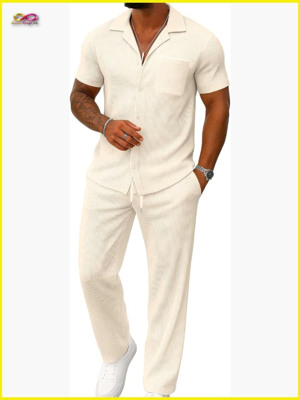 Men's Casual Two-Piece Set Short Sleeve Button Shirt Loose Pants Tracksuit